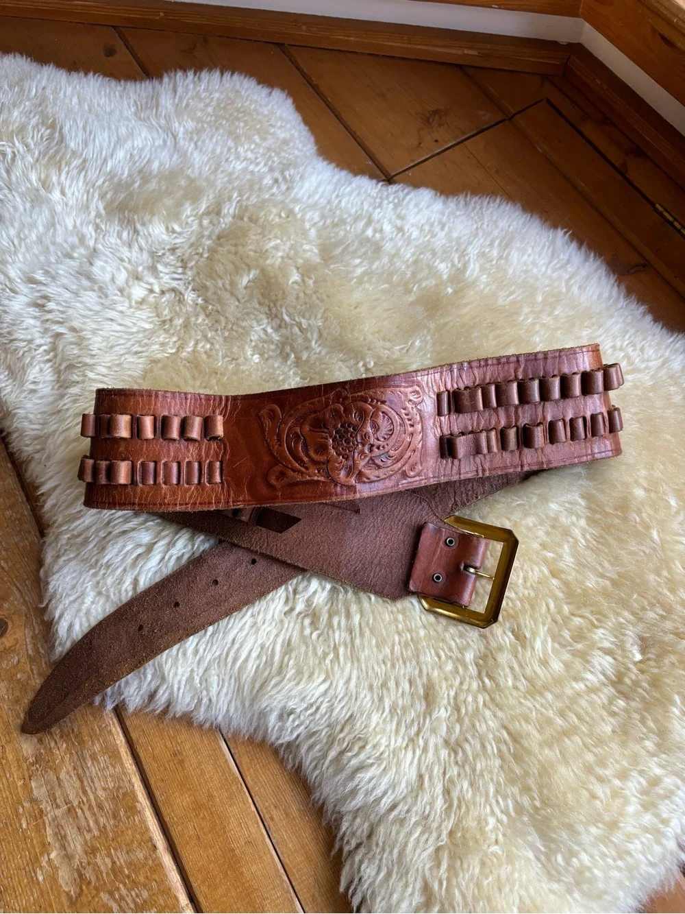 Vintage Tooled Leather Ammo Belt